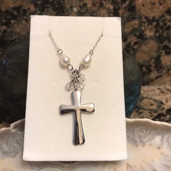 STERLING SILVER CROSS W/FRESHWATER PEARLS CRYSTAL - Picture 4 of 7
